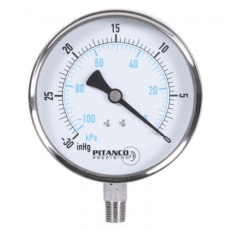 CADRAN VACUUM INOX 4" -30" HG À 0 VAC/KPA - SORTIE 1/4" MNPT AU BAS