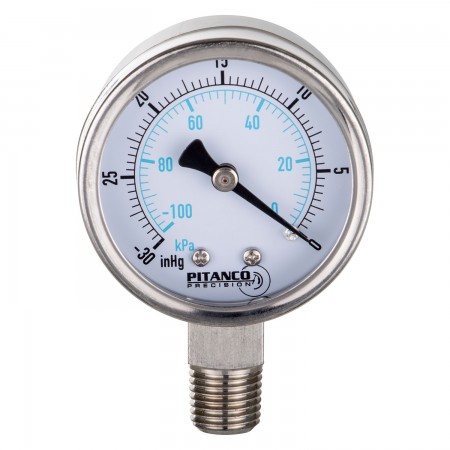 VACUUM GAUGE SS 2 1/2" -30" HG TO 0 VAC/KPA - 1/4" MNPT OUTLET AT THE BOTTOM