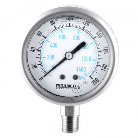 CADRAN PRESSION GLYCERINE INOX - 2 1/2" - 0@200 PSI - SORTIE 1/4" MNPT AU BAS
