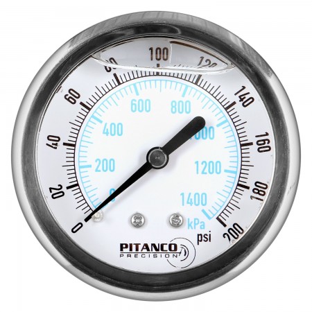 CADRAN PRESSION GLYCERINE INOX - 2 1/2" - 0@200 PSI - SORTIE 1/4" MNPT DERRIÈRE